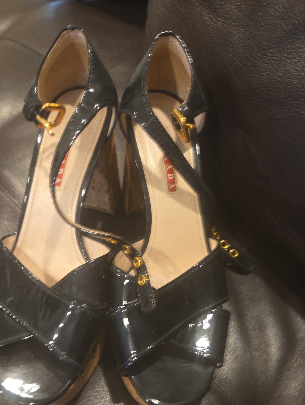 Prada Sport / Linea Rossa Black Patent Leather Platform Sandals